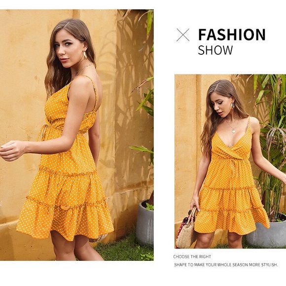 Polka dot dress sunflower marigold color ruffle tie v/neck tank dress sundress - Picture 3 of 4